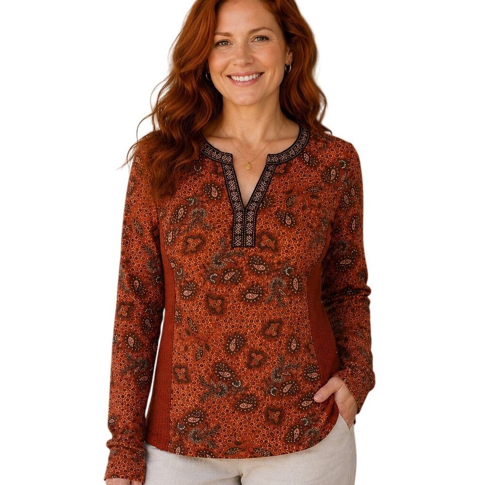 DR2 Rust Paisley Mixed Print Top Womens Large Long Sleeve Boho Split Neck
